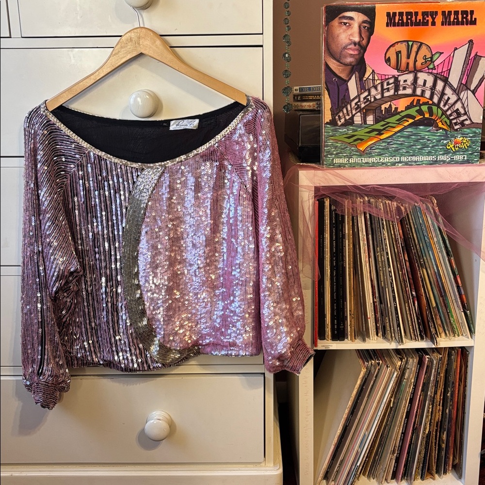 Vintage 80s Pink Sequin Cropped Party Top Silk Off Shoulder Beaded Embellished M